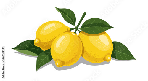 Realistic fresh lemons with green leaves on white background
