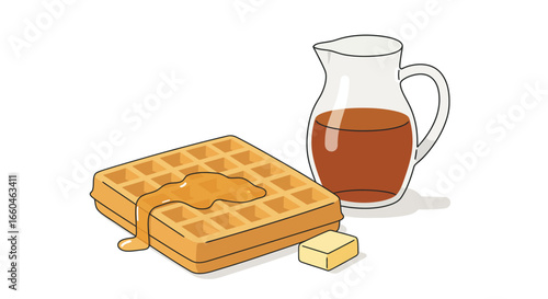 Breakfast delight with waffles, syrup, and butter in a clean illustration style