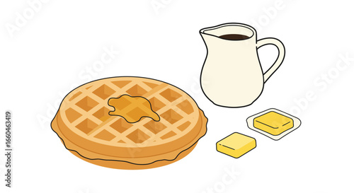 Delicious breakfast waffle with syrup and butter in flat style