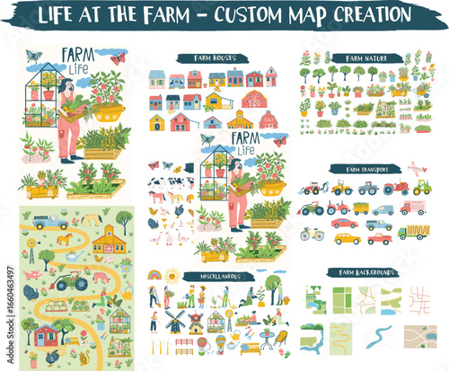 Life at the Farm Custom Map Creator – Vector Clipart Set with Houses, Animals, Nature, Tractors, Backgrounds