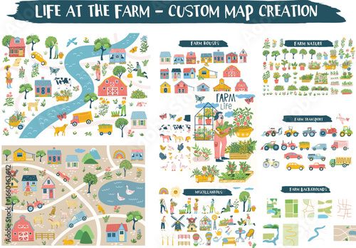 Life at the Farm Custom Map Creator – Vector Clipart Set with Houses, Animals, Nature, Tractors, Backgrounds