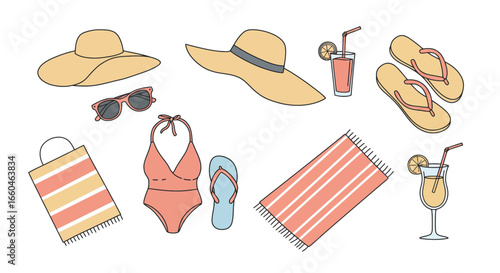 Summer beach essentials set: stylish hat, bikini, sunglasses, and flip flops