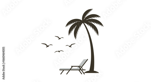 Minimalist beach scene with palm tree and birds silhouette