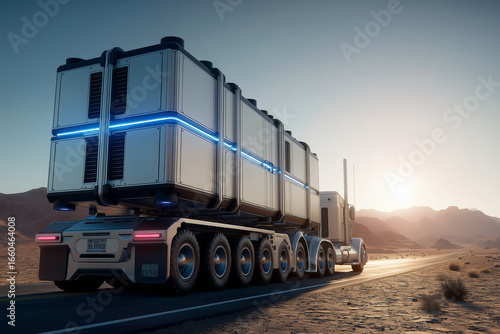 An epic, eye-level shot of a modular, container-sized microreactor on a heavy-duty truck, emphasizing the powerful and clean energy solution against a rugged desert backdrop.