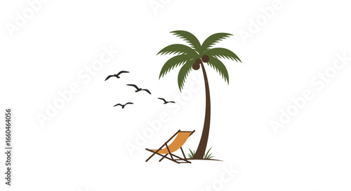 Tropical beach scene with palm tree, birds, and deck chair