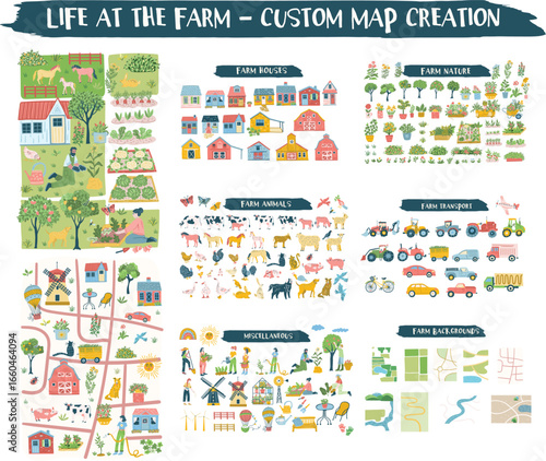 Life at the Farm Custom Map Creator – Vector Clipart Set with Houses.