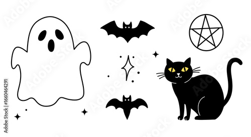Halloween minimalist set: ghost, black cat, bat, and pentagram