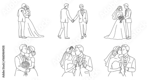 Elegant line art of romantic wedding couple in various poses