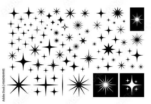 Collection of Black Starburst and Sparkle Graphics on White Background