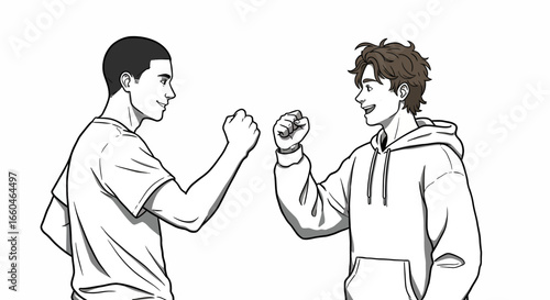 Two friends greeting each other with fist bump in black and white sketch