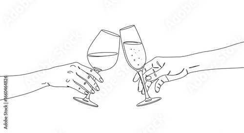 Minimalistic line art of clinking wine and champagne glasses for celebrations