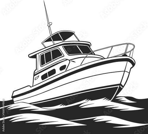 Illustration of a motorboat on the water, showcasing its design and maritime transportation