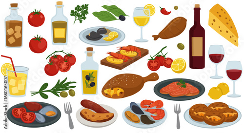 Mediterranean cuisine elements with wine cheese and seafood