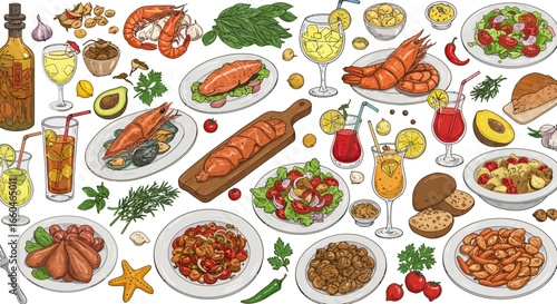 Colorful italian cuisine pattern featuring seafood and pasta dishes with fresh ingredients