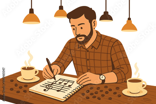 Artistic Gentleman Creates Sketches at a Café in a Stylish Graphic Vector Image