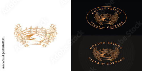 A charming logo for villas and cottages features an intricate illustration of a footbridge surrounded by a detailed arrangement of flowers, conveying a sense of classic elegance and natural beauty.