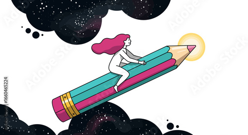Dreamlike journey: woman riding pencil through cosmic clouds