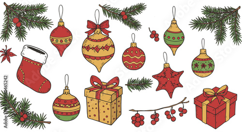 Festive christmas decorations with ornaments, gifts, and pine branches