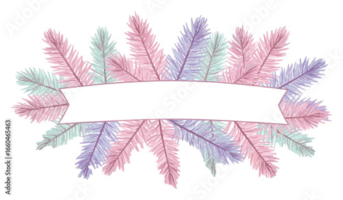 Pastel colored fir branches arranged around a central white text banner Isolated Hand Drawn Watercolor Painting Illustration