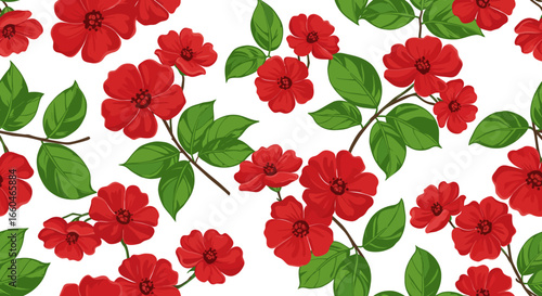 Seamless floral pattern of red flowers and green leaves on white background