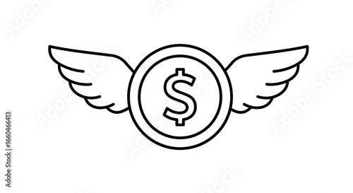 Linear wings on dollar coin illustrating financial freedom and wealth