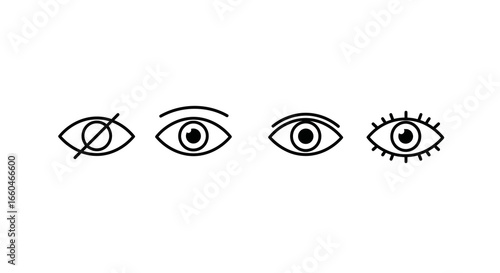 Minimalist eye icon set: closed, open, brows, eyelashes