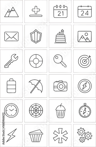 Illustration of various icons, including mountain, calendar, mail, wrench, and battery