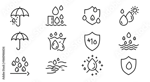 Minimalist weather icons featuring rain, umbrella, and shield symbols