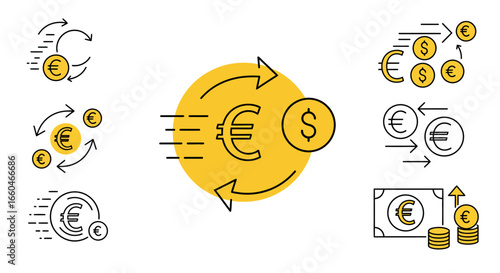 Currency exchange icons with euro and dollar symbols in linear style