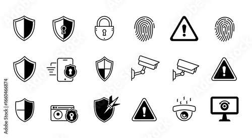 Security and protection icon set: shields, cameras, and alerts