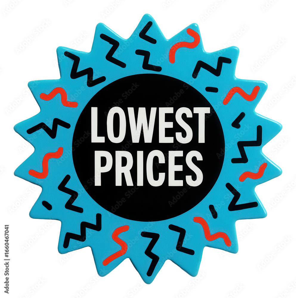 Fototapeta premium Bright blue starburst sticker with LOWEST PRICES offer in bold lettering, vibrant retail discount promo on transparent background.