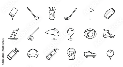 Golf equipment and accessories in linear style: clubs, balls, and more