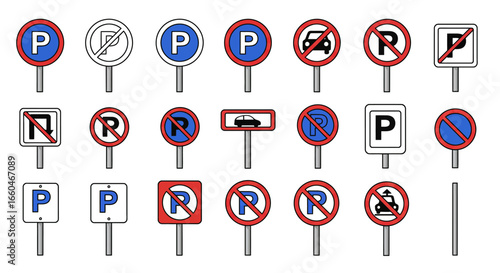 Set of no parking signs in bold colorful array on white background