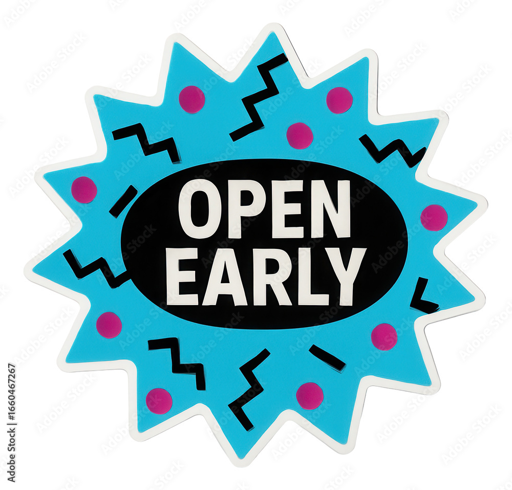 Fototapeta premium Bright blue starburst sticker with OPEN EARLY message in bold lettering, vibrant retail promo offer on transparent background.