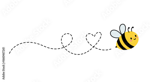 Cute bee with heart-shaped flight path on white background