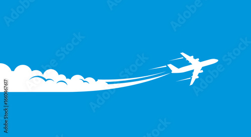 Airplane silhouette with air trail on clear blue sky background