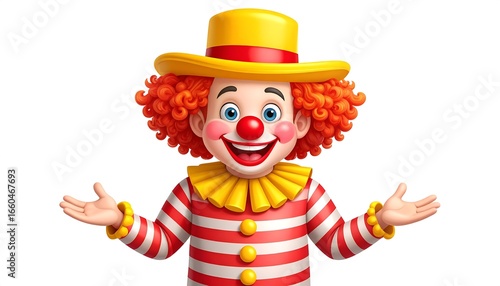 A cheerful cartoon clown with a bright yellow hat and red and white striped costume, presenting something to the viewer.