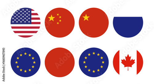 International flags in circular and minimalist designs featuring global symbols