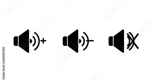 Audio volume icon set: increase, decrease, and mute symbols in minimalist style