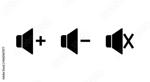 Audio control icons: increase, decrease, mute speaker symbols in black silhouette
