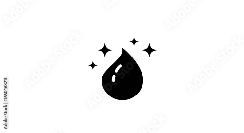 Minimalist black water drop with sparkles on white background
