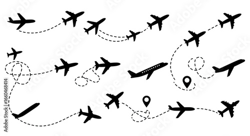 Silhouette airplanes with dotted flight paths and location markers