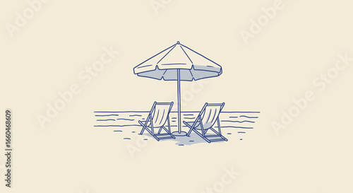 Minimalist beach scene with umbrella and chairs: tranquil coastal vibes