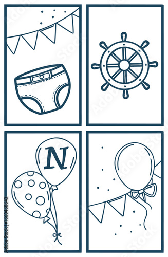 Illustration of flags, diaper, wheel, balloon, letter n