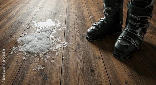 Ski boots stand on a wood floor with melting snow