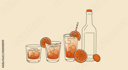 Elegant line art of refreshing citrus cocktails and bottle on pastel background