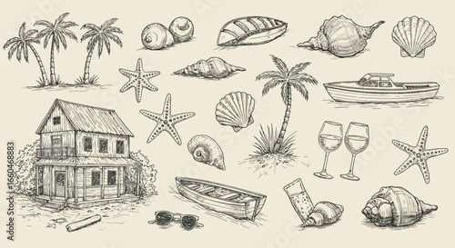 Tropical beach sketch collection with seaside elements and nautical accents