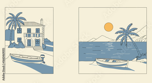 Coastal escape: minimalist scenes of seaside serenity with palm trees and boats