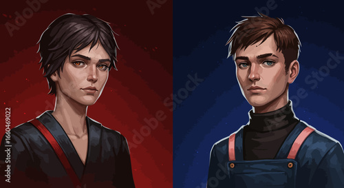 Dark fantasy portraits of two individuals against red and blue backdrops