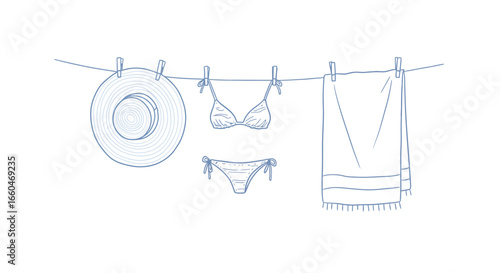 Minimalistic blue line drawing of summer beach clothesline with hat and bikini